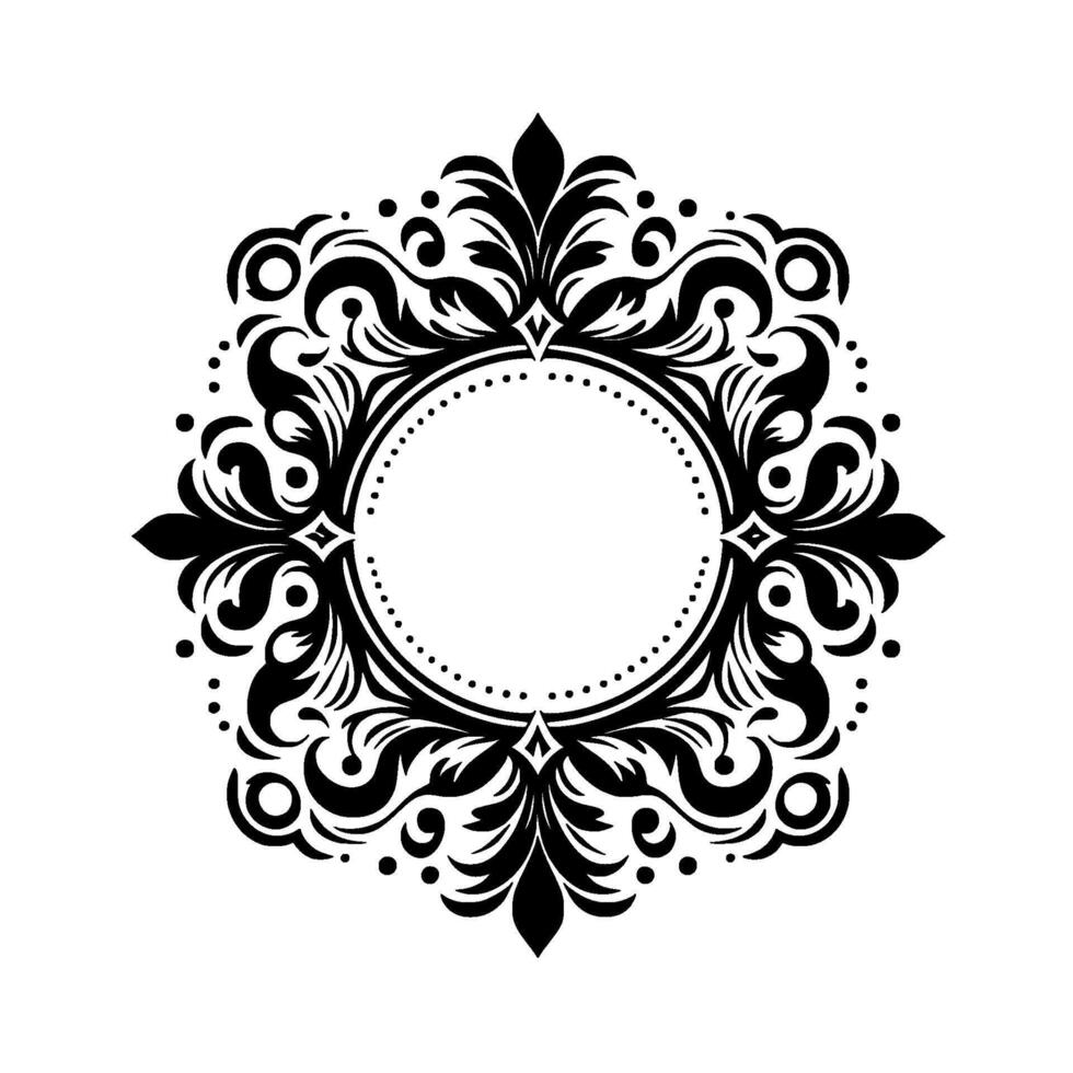 Elegant Black and White Floral Ornament with a Central Circle, Featuring Symmetrical Leaves, Dots, and Curlicues on White Backdrop. vector
