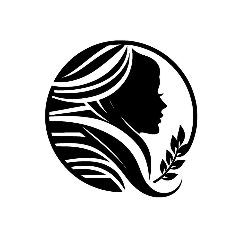 Elegant Silhouette of a Woman Adorned with Flowing Hair and Laurel Sprig within a Circular Frame, Embodying Grace and Nature. vector
