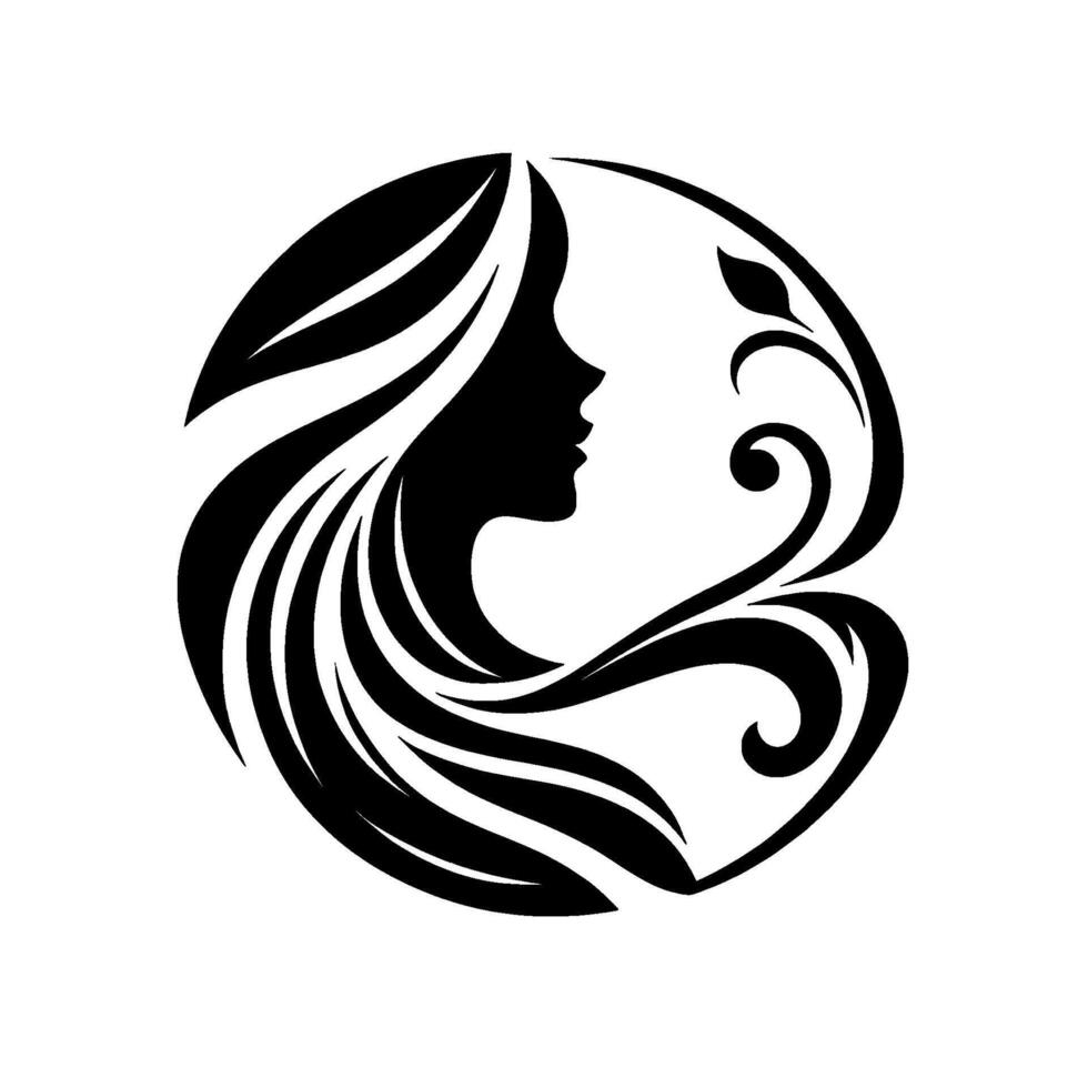 Elegant Silhouette of a Womans Profile with Flowing Hair, Framed by Organic Leaf and Swirl in a Circular Composition. vector