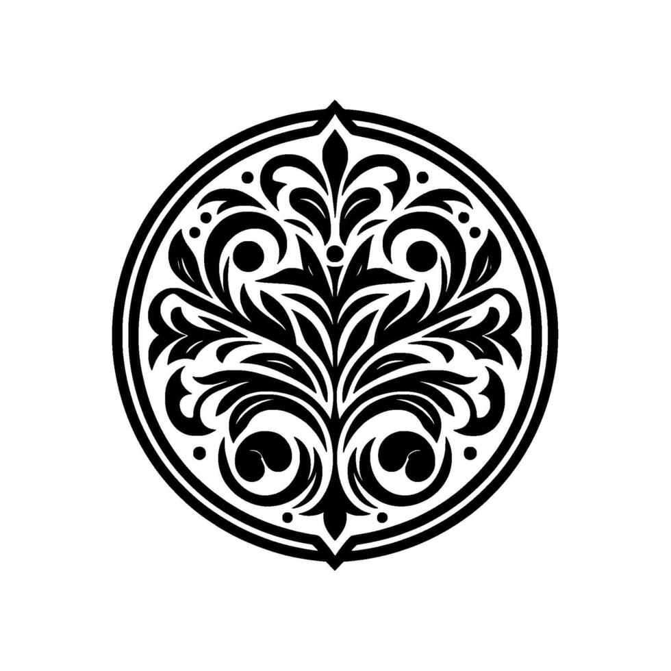 Intricate Black and White Floral Ornament in a Circular Frame, Evoking Classic Principles and a Sense of Timeless Elegance. vector