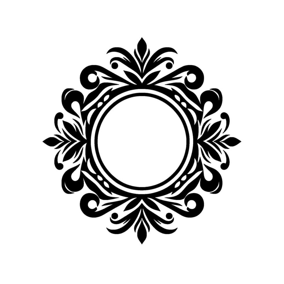 Intricate Black and White Circular Ornament with Floral and Swirl Elements, Isolated on White, Suitable for Emblems and Decorative Applications. vector