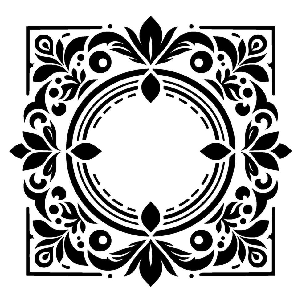 Intricate Black and White Floral Frame A Symmetrical Composition with Foliage and Circular Elements, Ideal for Decorative Applications. vector