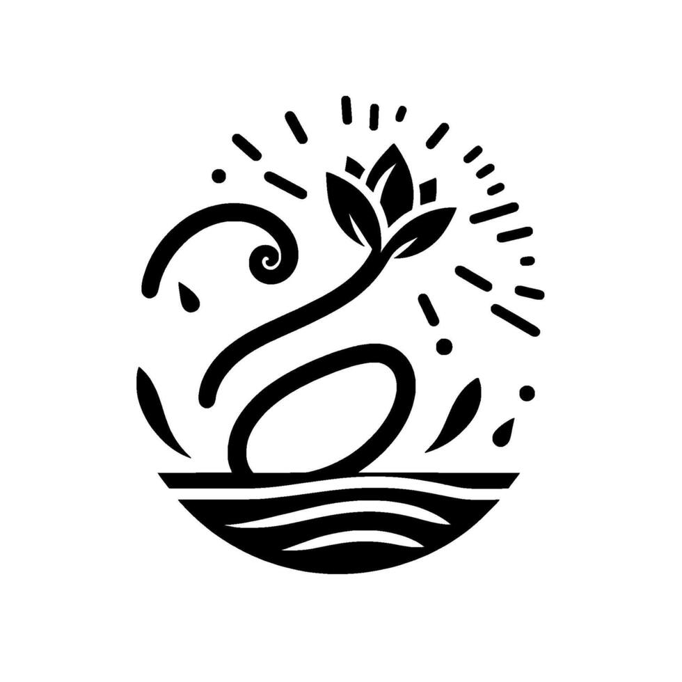 A minimalist, stylized depiction of a flourishing sprout emerging from a vessel of water, encircled by radiating bursts, creating a sense of growth. vector
