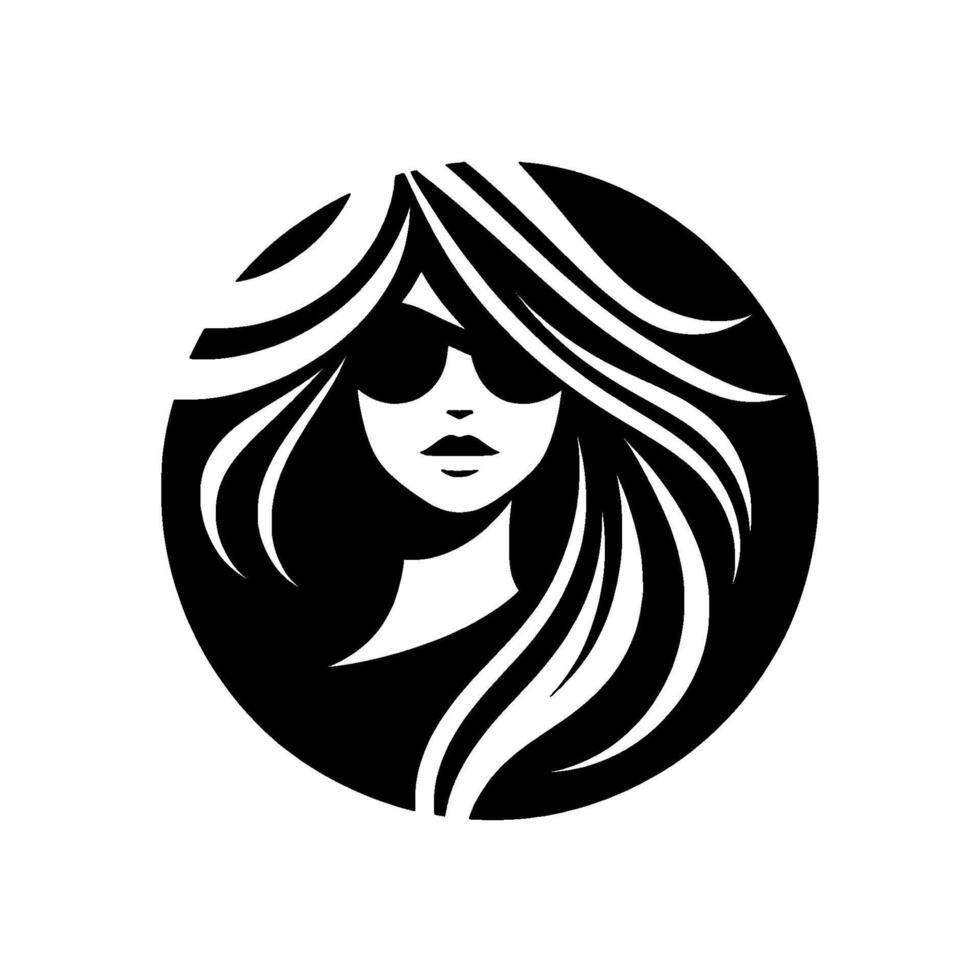 A sleek, black and white minimalist illustration of a woman with long flowing hair and sunglasses, contained within a circular frame, exuding a sense of modern sophistication and mystery. vector