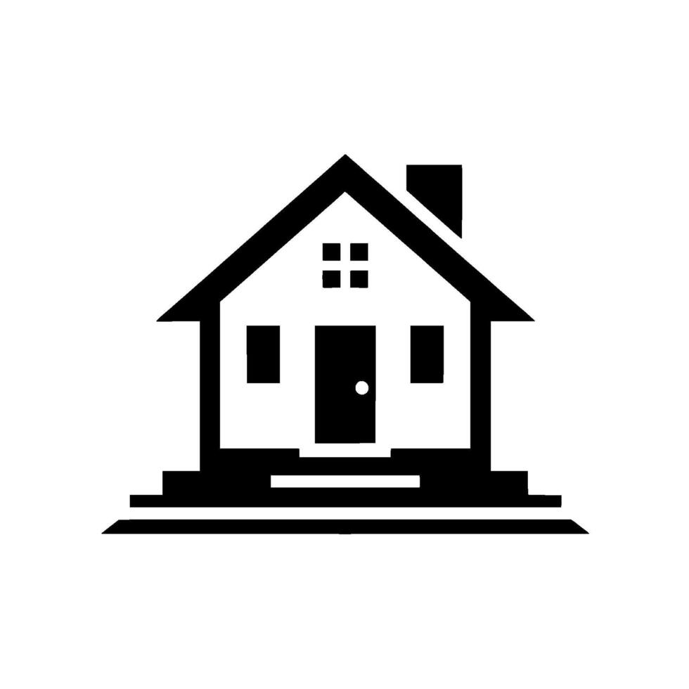 Simplified black and white illustration of a classic house silhouette, featuring a pitched roof, chimney, windows, and a front door on a white background. vector