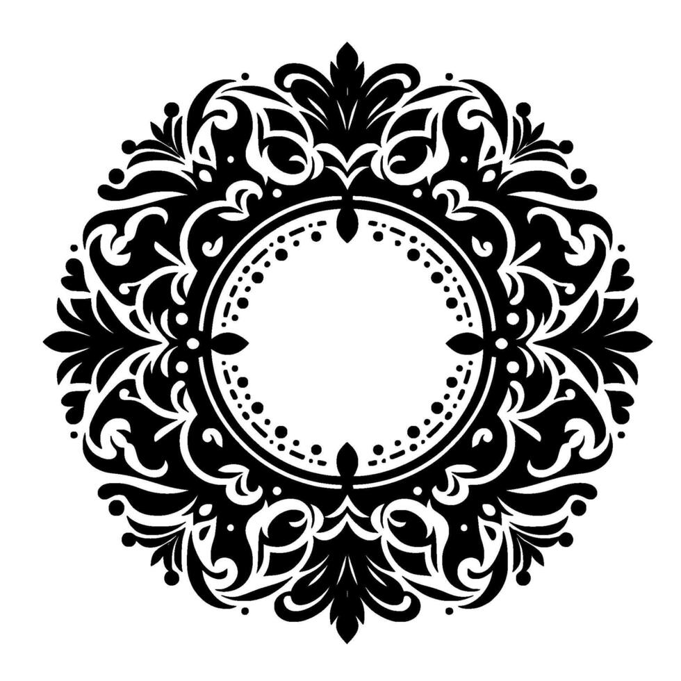 Intricate Black and White Circular Floral Ornament with Ornate Foliage and Dotted Inner Circle Frame, Perfect for Elements. vector