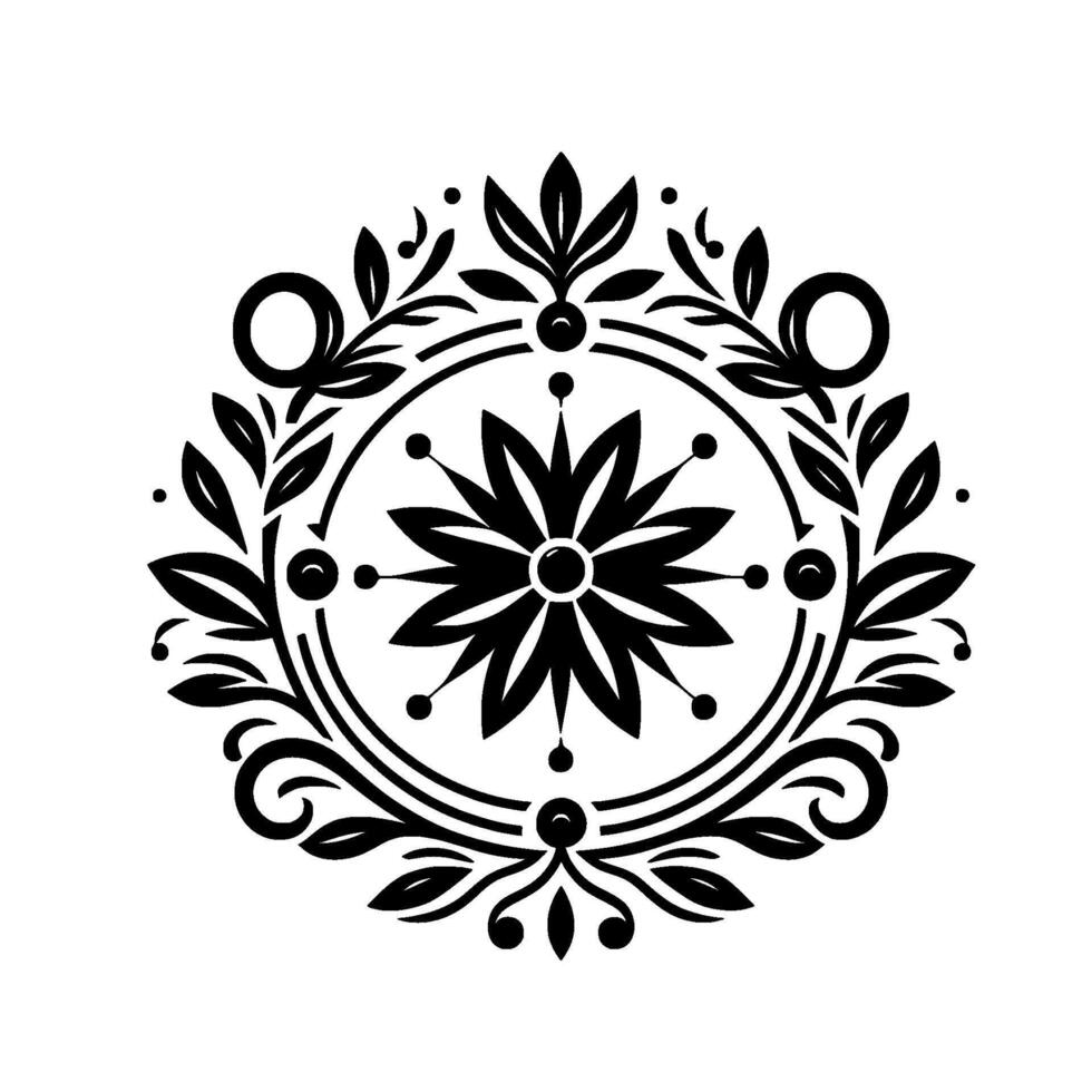 Elegant Floral Mandala A symmetrical, black and white featuring a central stylized flower within a circular frame, with ornate leaves, swirls, and decorative elements against a pristine white vector