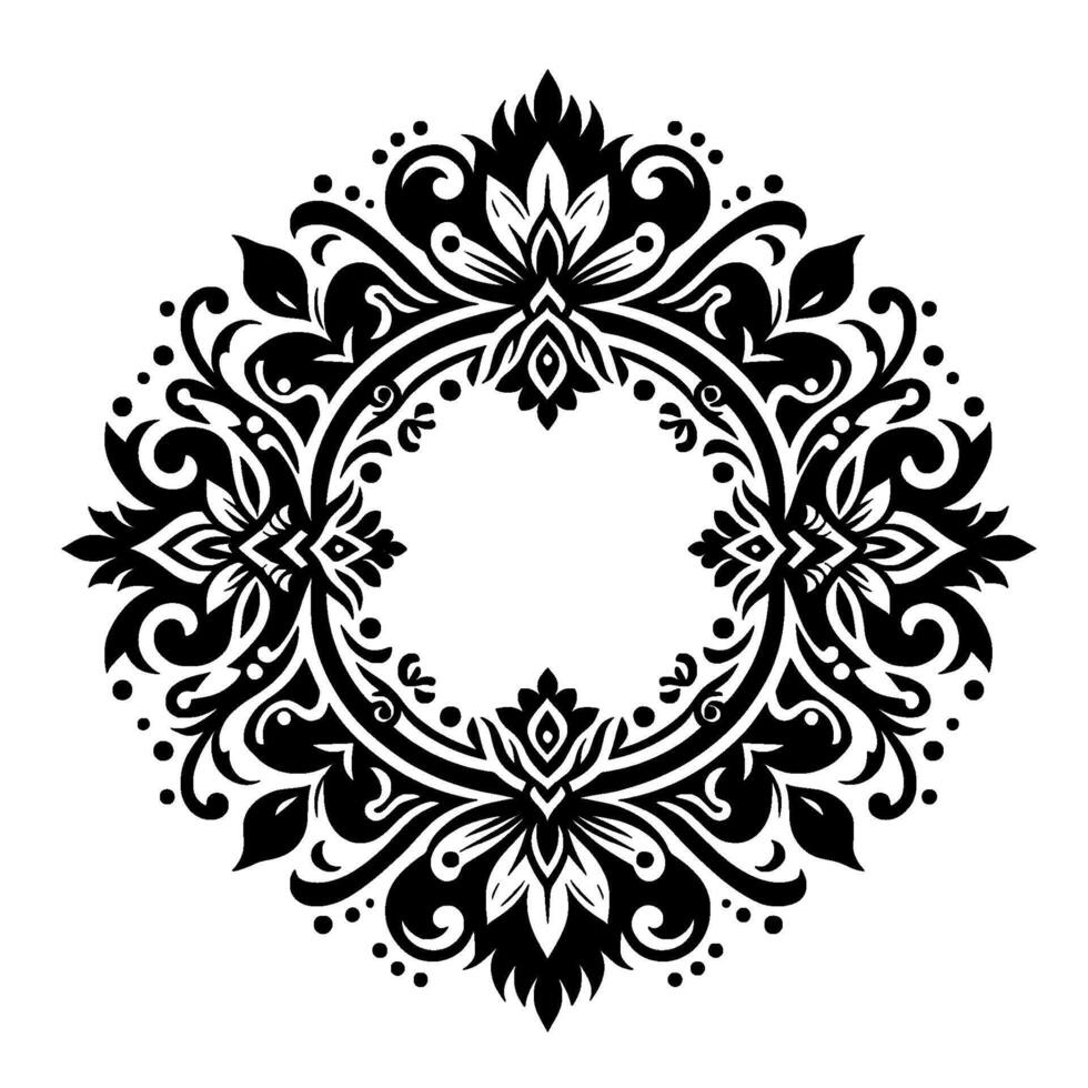 Intricate Black and White Floral Mandala with Symmetrical Arrangement and Decorative Leafy Patterns, Ideal for Embellishment. vector