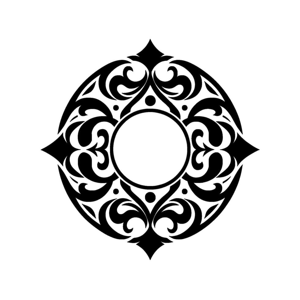 Intricate symmetrical black and white ornamental featuring a central circle, ornate floral patterns, and pointed extensions, set against a clean, bright background. vector