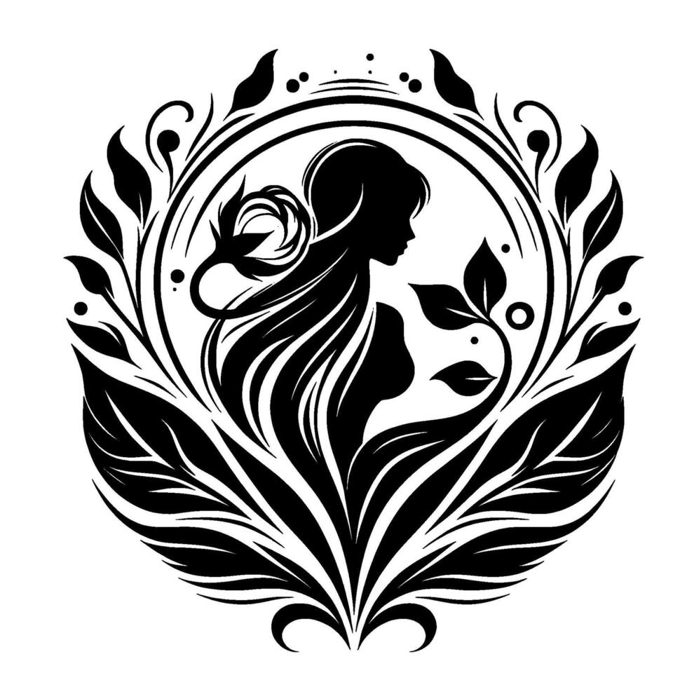 Elegant black and white silhouette of a woman with flowing hair, framed by floral and leaf elements forming a circular, artistic . vector