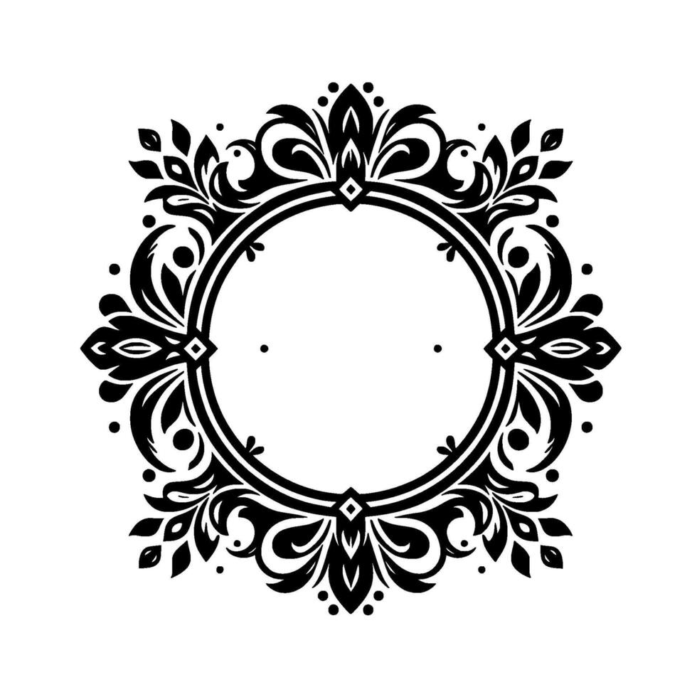 Intricate Black and White Floral Ornament with a Central Circular Frame, Featuring Decorative Leaves, Swirls, and Geometric Accents on a White Background. vector