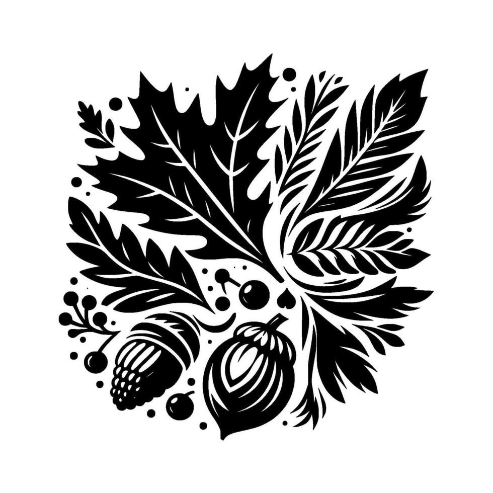 Intricate Black and White Botanical Featuring Oak Leaves, Acorns, Berries, and Ornamental Foliage, Evoking Autumns Essence. vector