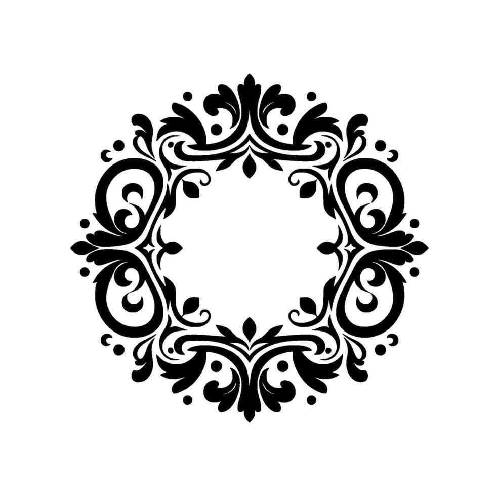 Elegant Black and White Circular Ornamental Featuring Ornate Flourishes and Symmetrical Leafy Elements on a Clean White Background, Perfect for Invitations or Decorative Purposes. vector