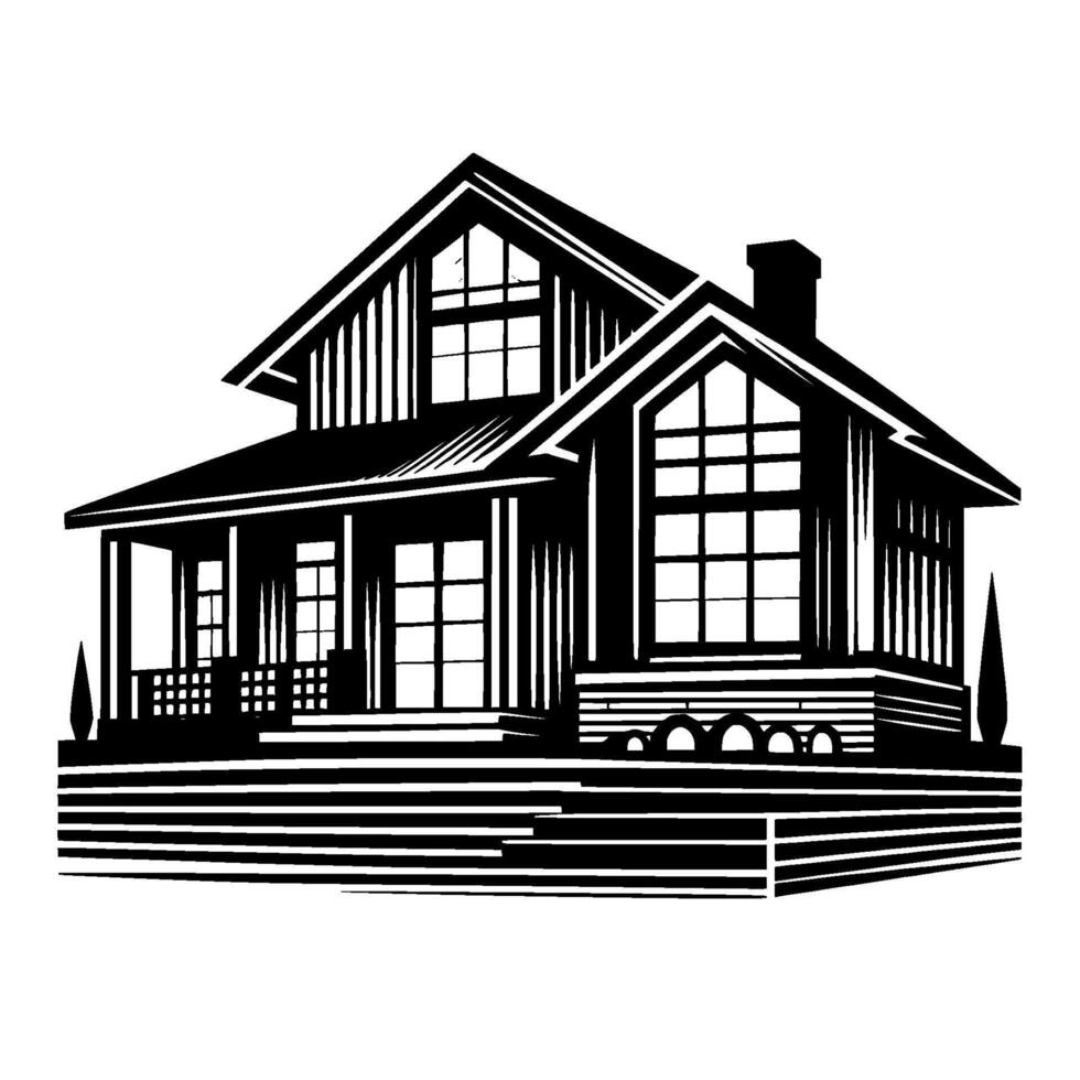Artistic Black and White Illustration of a Classic TwoStory House with Porch, Windows, Chimney, and Geometric Landscaping, Highlighting Architectural Details. vector