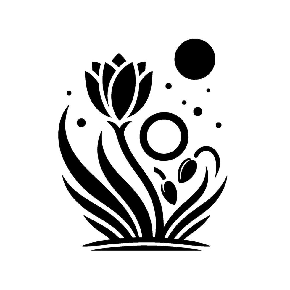 Elegant black white minimalist floral illustration featuring a stylized tulip, orbs, buds, and foliage with a clean, modern aesthetic. vector