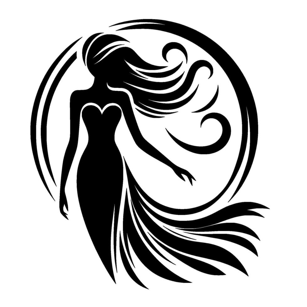 A stylized black and white illustration of a graceful woman in a flowing gown, framed by a circular with swirling hair and dress details. vector
