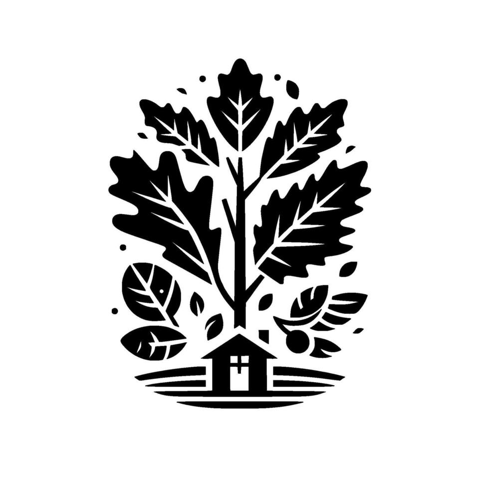 A minimalist black and white emblem depicts a house beneath a stylized tree with oaklike leaves, conveying natures embrace. vector