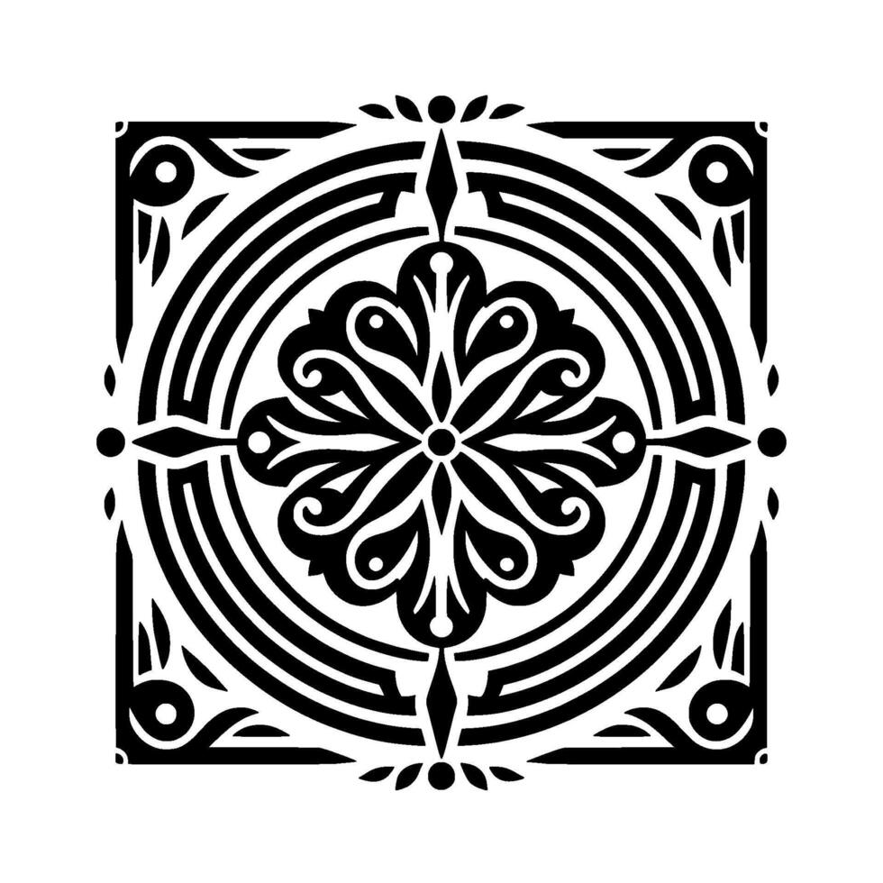 Intricate Black and White Geometric Floral Pattern within a Square Frame, featuring Radial Symmetry and Decorative Elements. vector