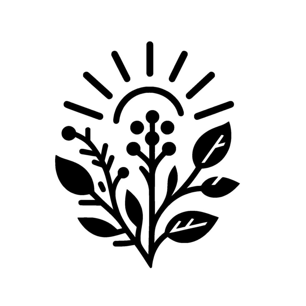 Simple, stylized botanical emblem featuring a sun radiating above leaves, berries and plant tendrils, in black and white. vector