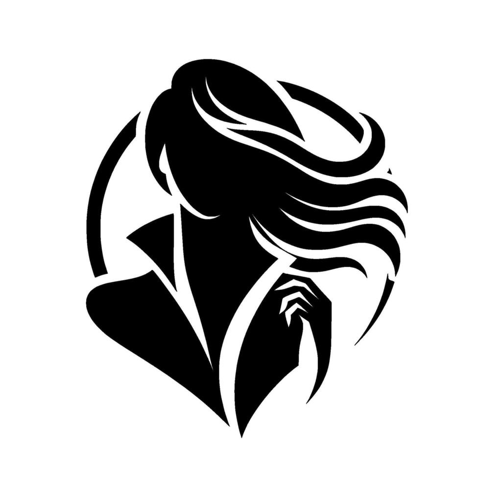 Elegant Black Silhouette of a Woman Flowing Hair, Contemplative Pose, Framed in Circle, Modern , Against White. vector