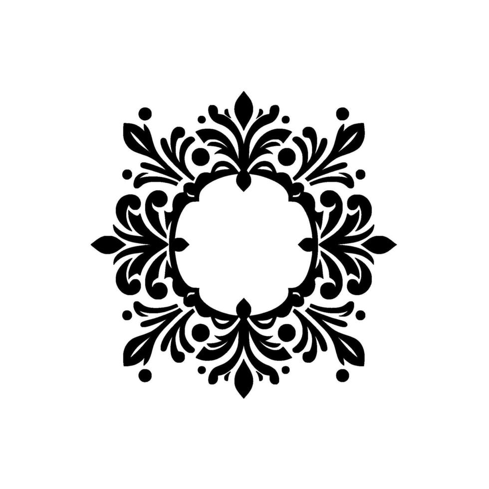 Intricate Black and White Floral Emblem An ornate, symmetrical featuring a central open circle adorned with stylized floral elements, leaves, and dots. vector
