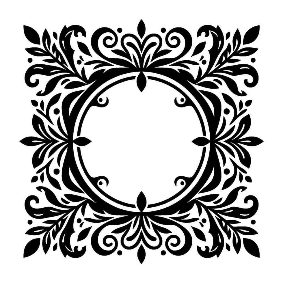 Intricate Black and White Floral Frame A symmetrical, stylized, ornamental with a circular void at its center, perfect for a classic or vintagethemed aesthetic. vector