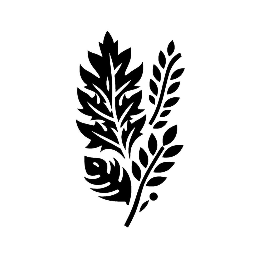A stark black and white botanical featuring stylized leaves, sprigs, and a minimalist aesthetic set against a clean, white background. vector