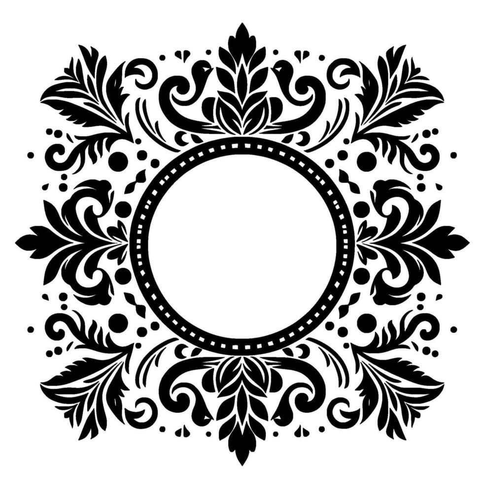 A symmetrical, ornate black and white floral surrounding a blank circle, perfect for framing or embellishment. vector