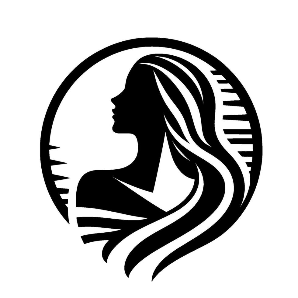 Silhouette of a woman with flowing hair within a circular frame, showcasing elegance, beauty, and a sense of grace through minimalist . vector