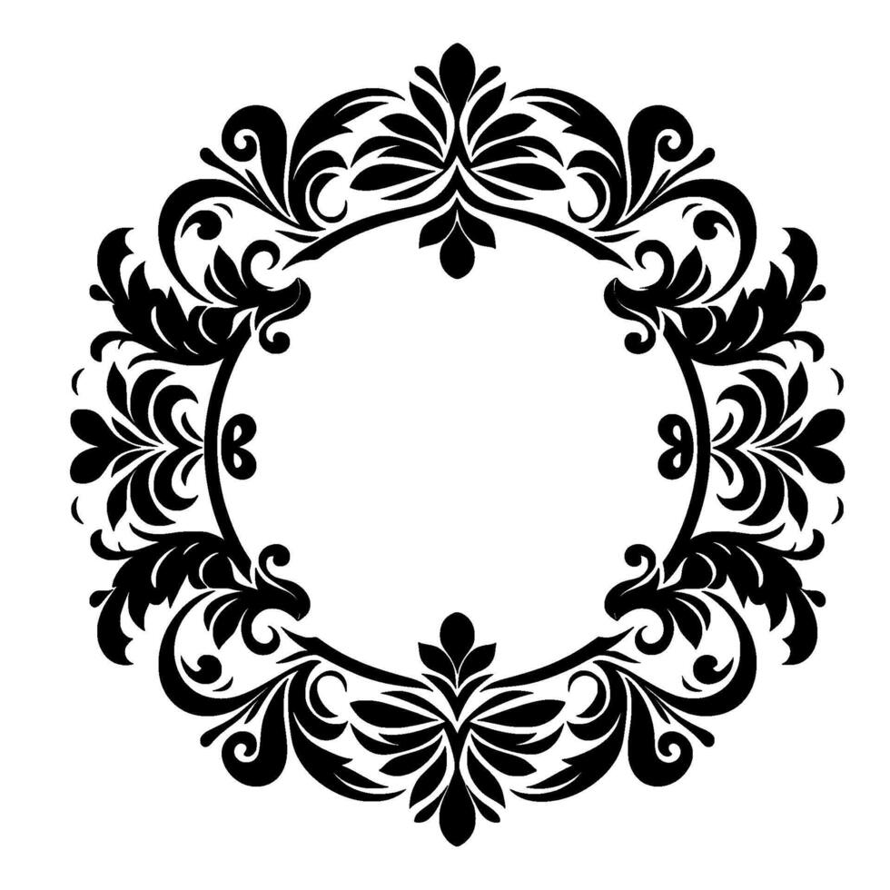 Intricate black floral wreath against a white background, symmetrical, circular, featuring elegant flourishes and ornamental details with negative space. vector