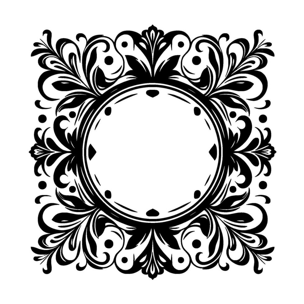 An Elegant Black and White Circular Floral Frame with Ornate Foliage and Dot Accents on a White Background. vector