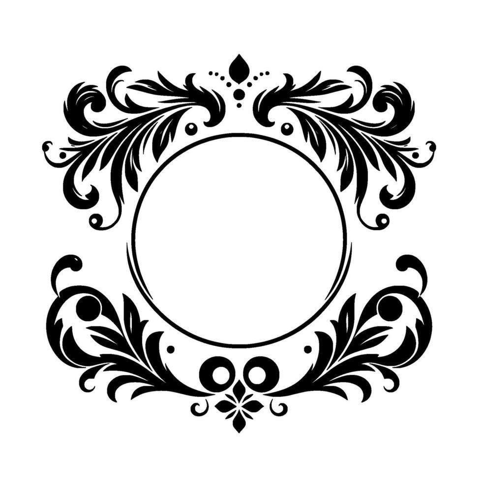 Elegant Black and White Floral Frame with Circular Center, Adorned with Detailed Leafy Elements and Decorative Accents. vector