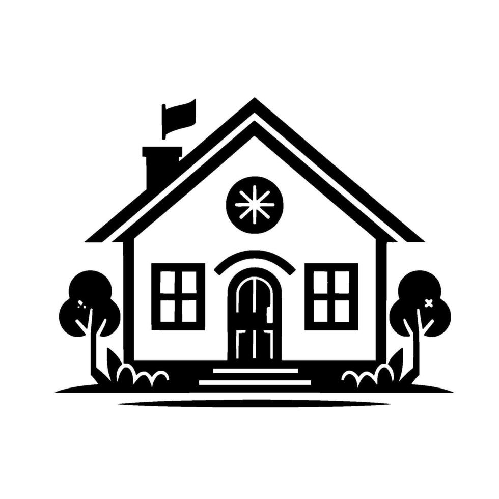 A minimalist, blackandwhite illustration of a stylized house with a chimney, a flag, and two trees, evoking a sense of simplicity and charm against a white background. vector