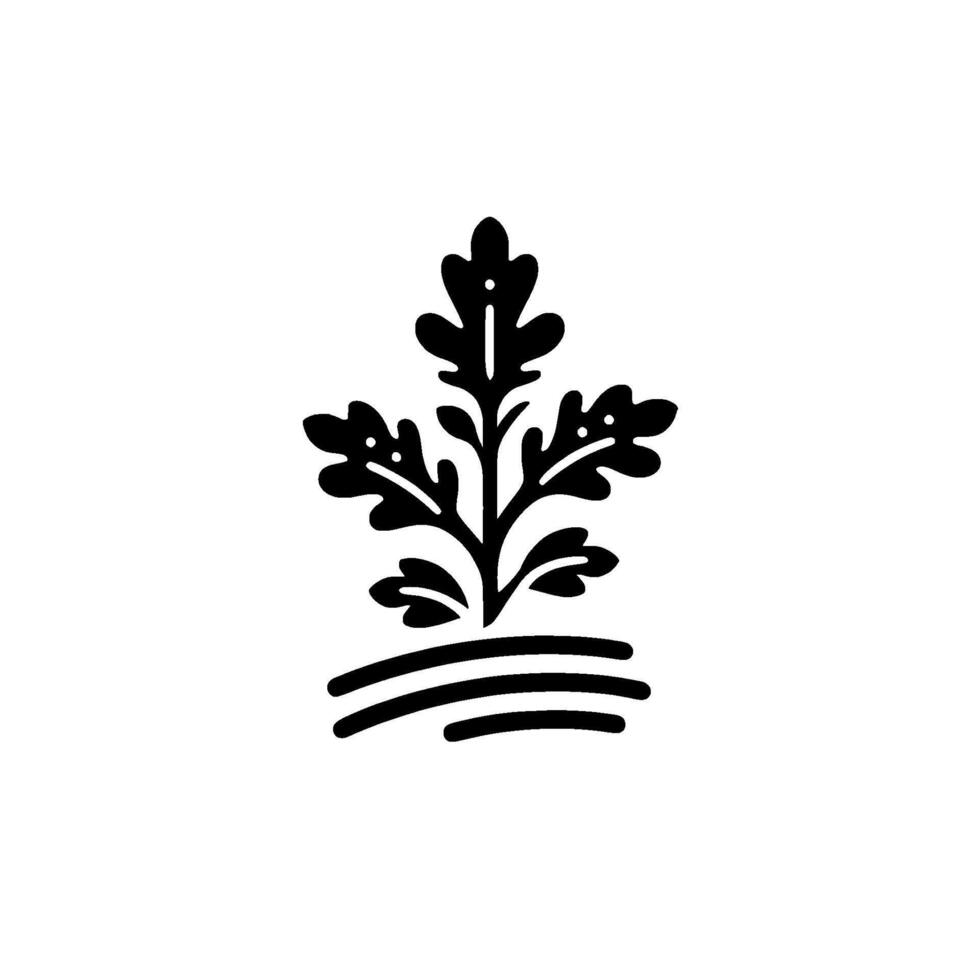 A minimalist black ink illustration of an oaklike sprig rising from parallel lines on a white backdrop, embodying natures elegance. vector