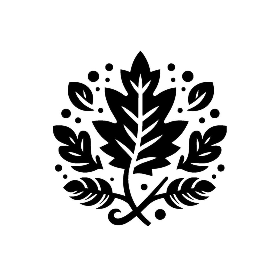 Stylized Black and White Emblem A Central Maple Leaf Encircled by Ornamental Foliage and Dots, Suggesting Natures Symmetry. vector