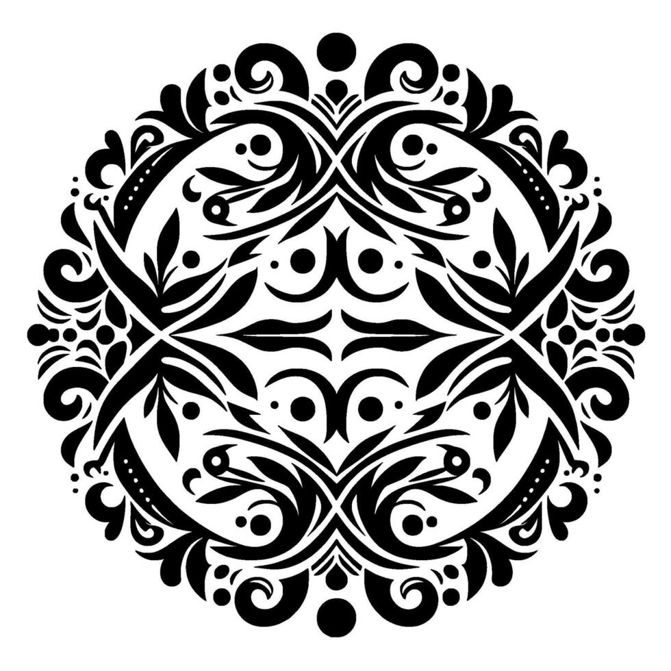 Symmetrical Black and White Floral Mandala with Curvilinear Patterns, Dot Details, and Leaf Elements on a Pure White Background. vector