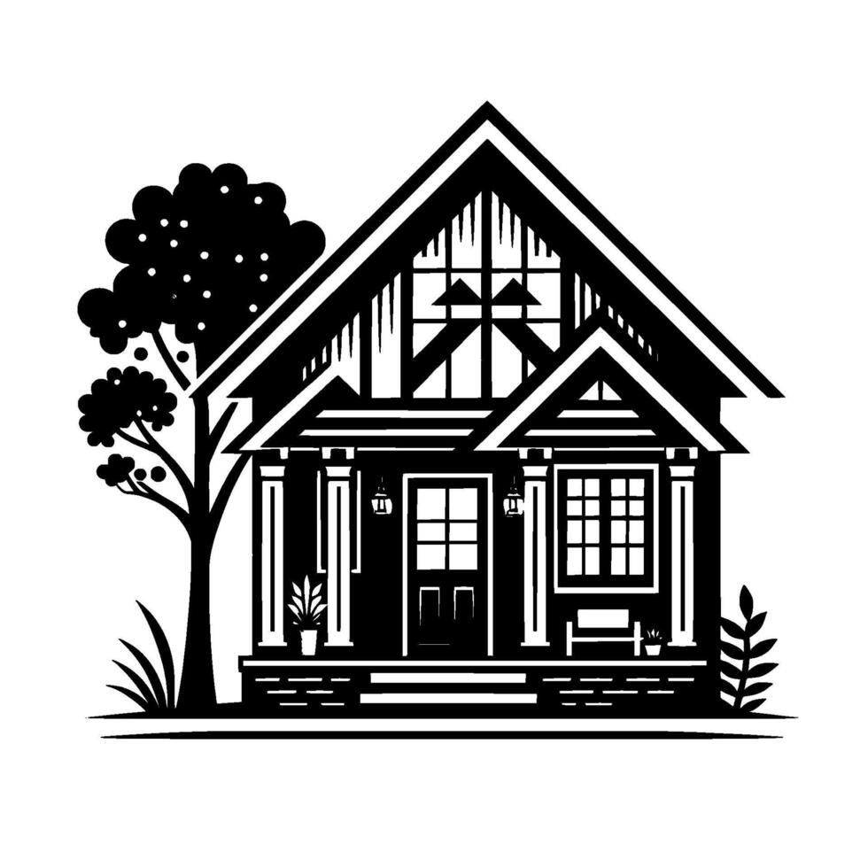A detailed blackandwhite illustration of a charming cottagestyle house, complete with a tree, decorative elements, and a welcoming porch. vector