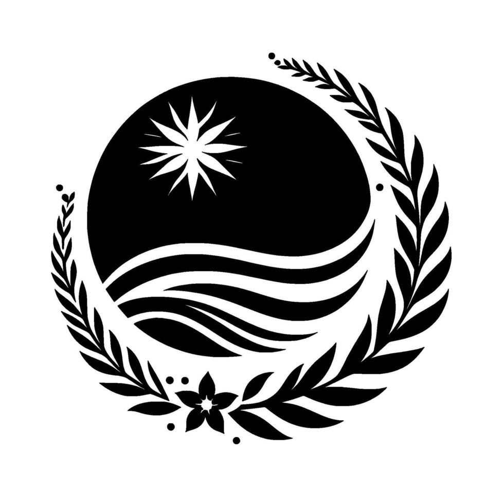 Black and White Circular Emblem A stylized sun and wavy lines within a circle, embraced by laurel leaves and flowers, representing a national symbol or a natural theme. vector