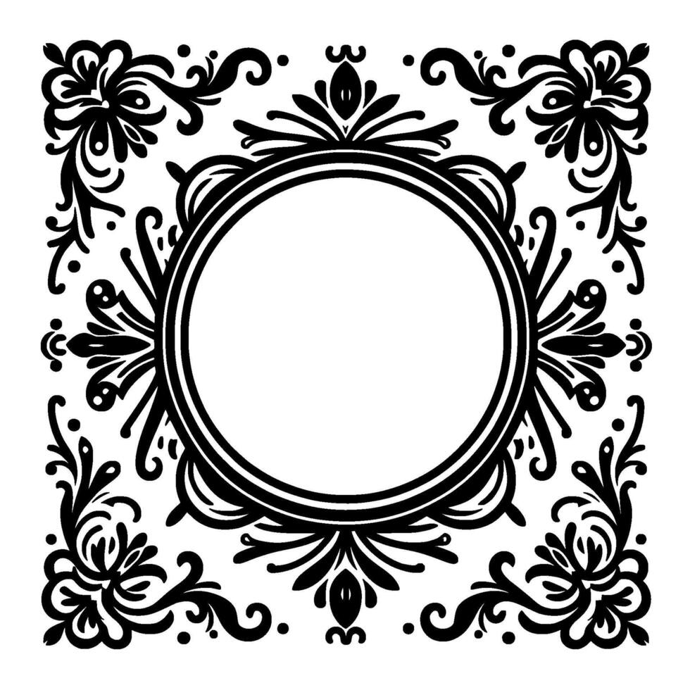 Symmetrical Floral Frame in Black and White, Featuring a Central Circular Void with Detailed Ornamentation. vector