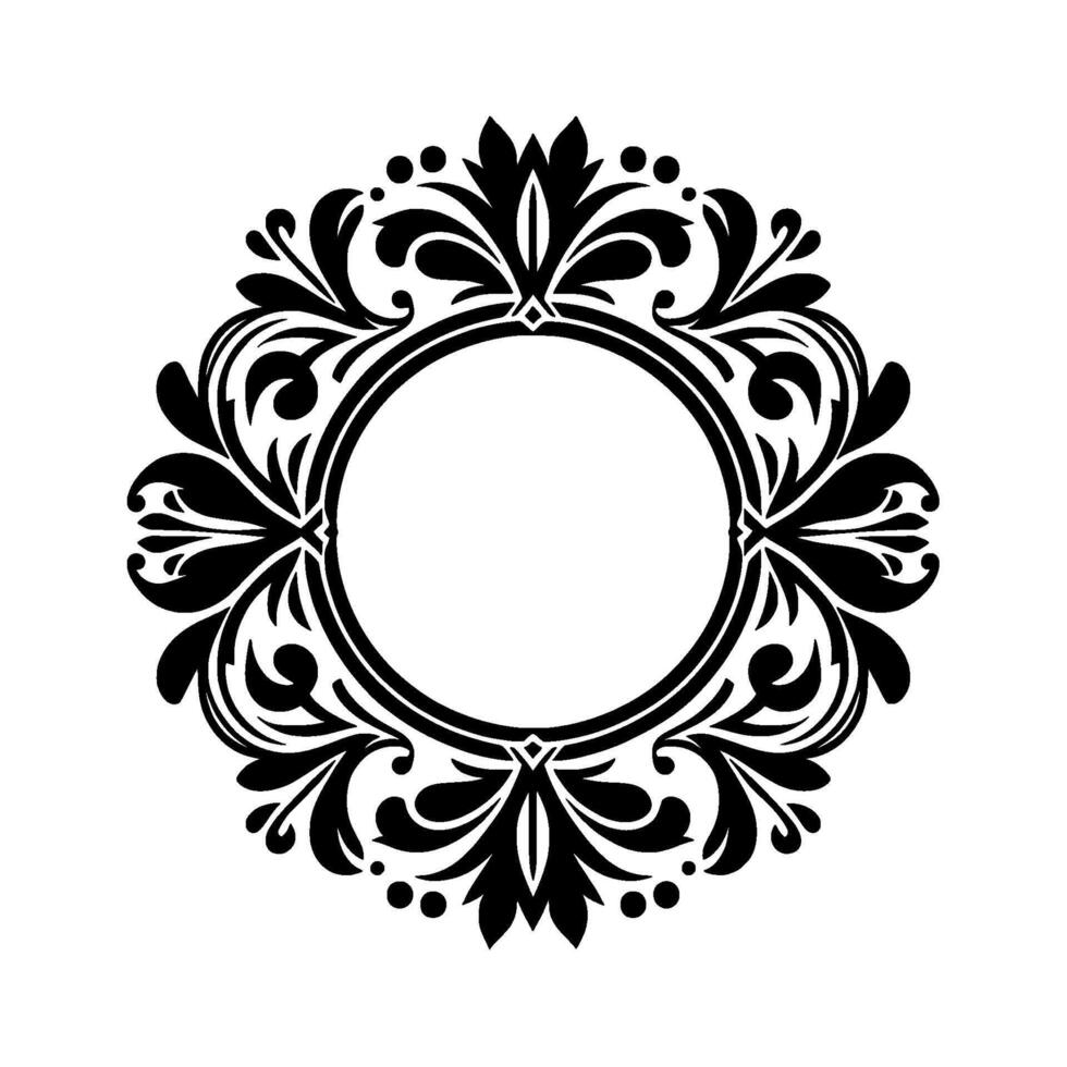 Ornate Black and White Circular Floral Frame on a White Background, Featuring Detailed Foliage and a Central Empty Circle for Customization. vector