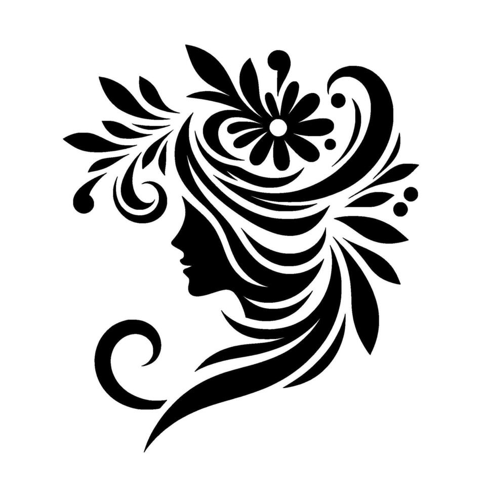 Elegant Silhouette of a Woman Adorned with Floral Hairpiece, Black and White with Flowing Lines vector