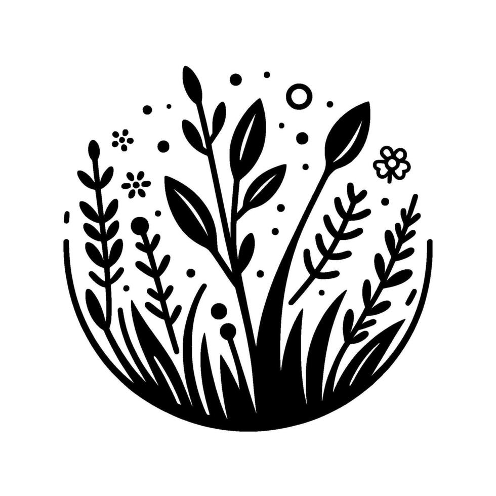 A minimalist black and white botanical illustration featuring stylized plants, leaves, flowers, and grasses enclosed within a circular form, exuding a sense of calm and natural beauty. vector