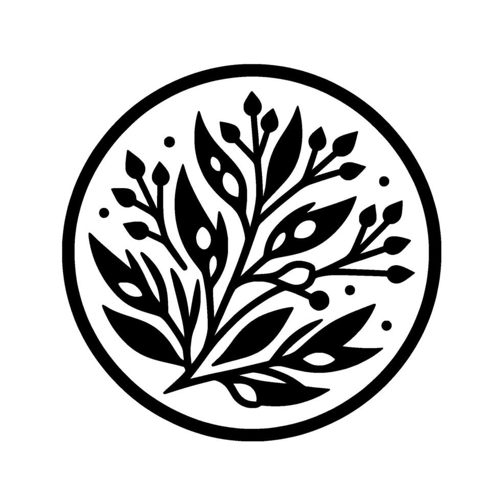 Intricate black and white floral emblem encased in a circle, featuring stylized leaves, buds, and dotted accents, embodying a minimalist aesthetic. vector