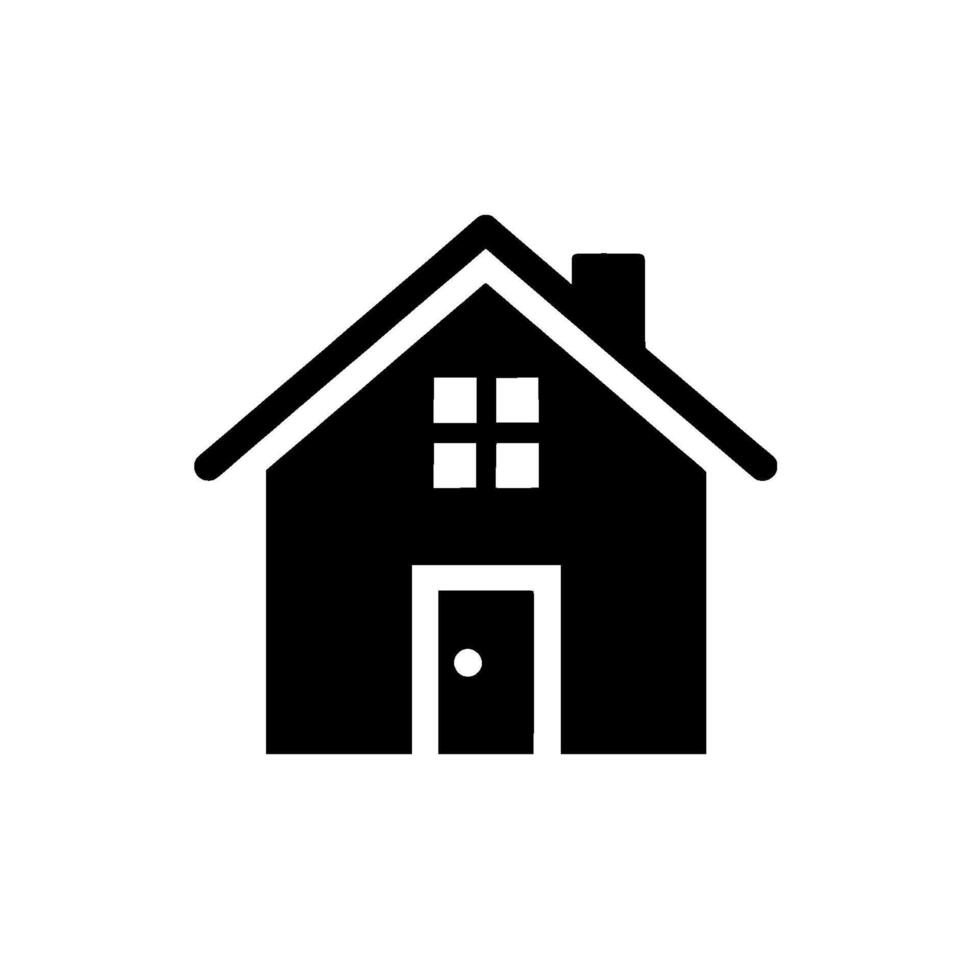 A minimalist, style depiction of a house silhouette, featuring a black body, white door, windows and chimney against a white background. vector