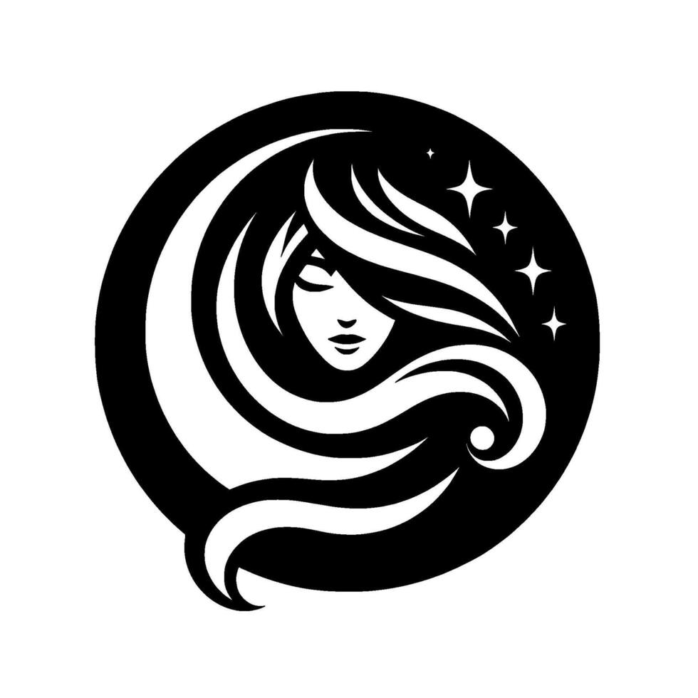 A minimalist black and white a serene female face with long, flowing hair, contained within a circular frame, accentuated with twinkling stars. vector