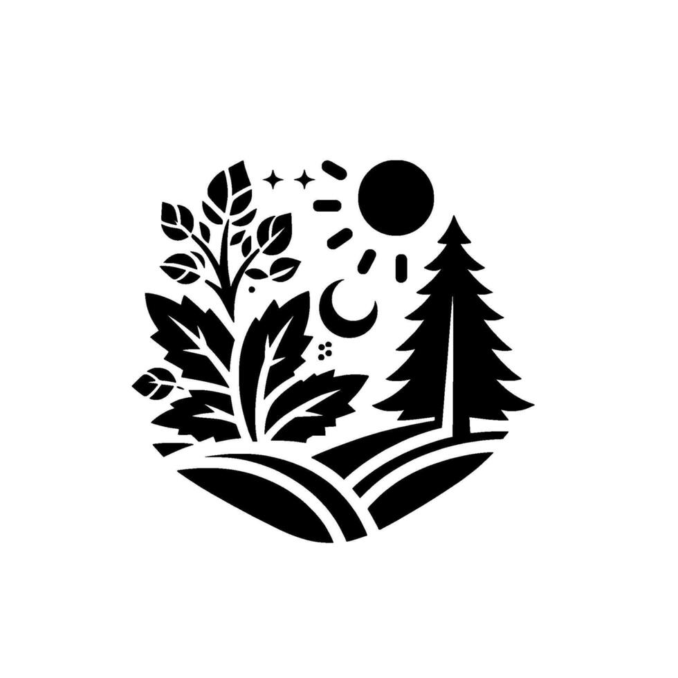A stylized black and white illustration depicts a peaceful landscape with trees, foliage, sun, moon, and stars in a harmonious, organic composition. vector