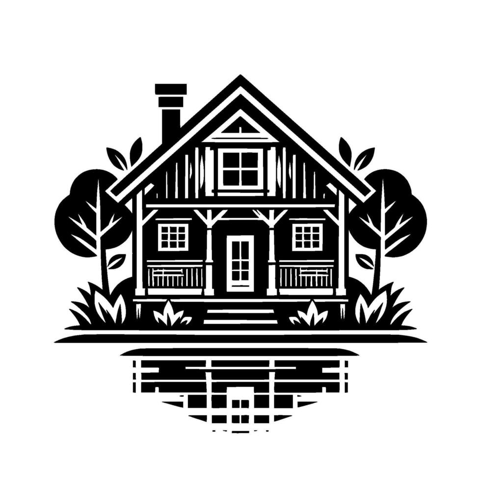 A symmetrical, minimalist black and white depicting a cozy cabin nestled amidst stylized trees and foliage, with a simple reflection. vector