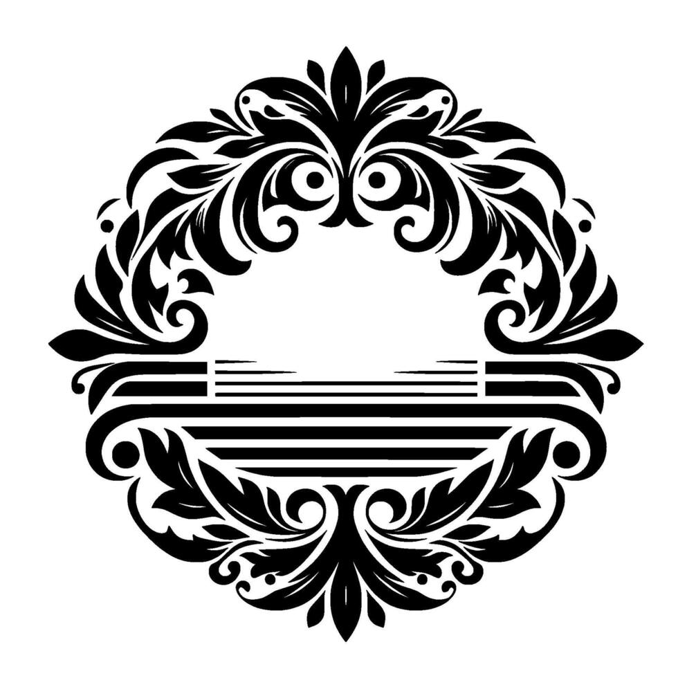 Elegant black and white symmetrical floral emblem with scrolled leaves, circular framing, and central banner . vector