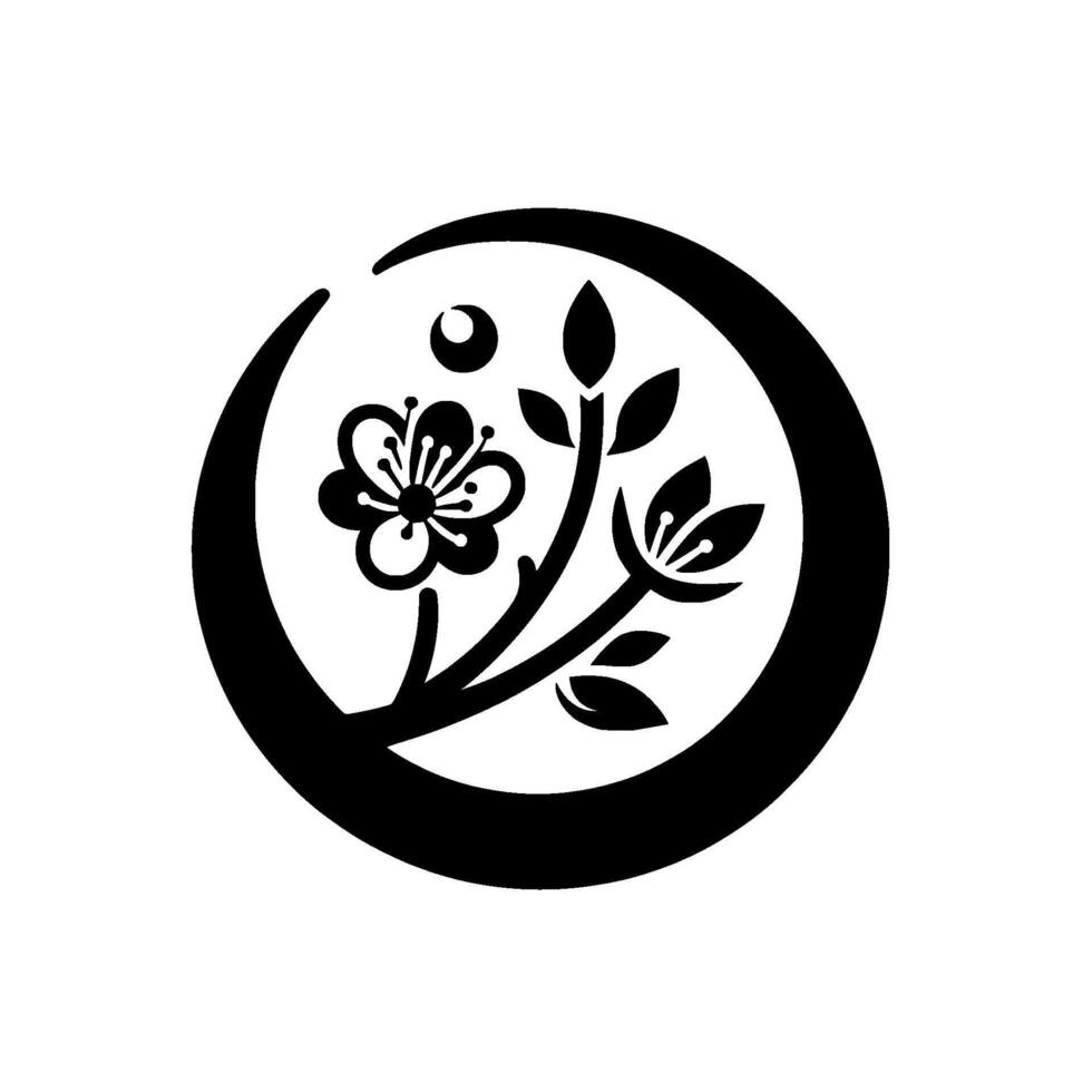 Monochromatic Floral Emblem Black White of Cherry Blossom Branch Within a Circular Frame. vector