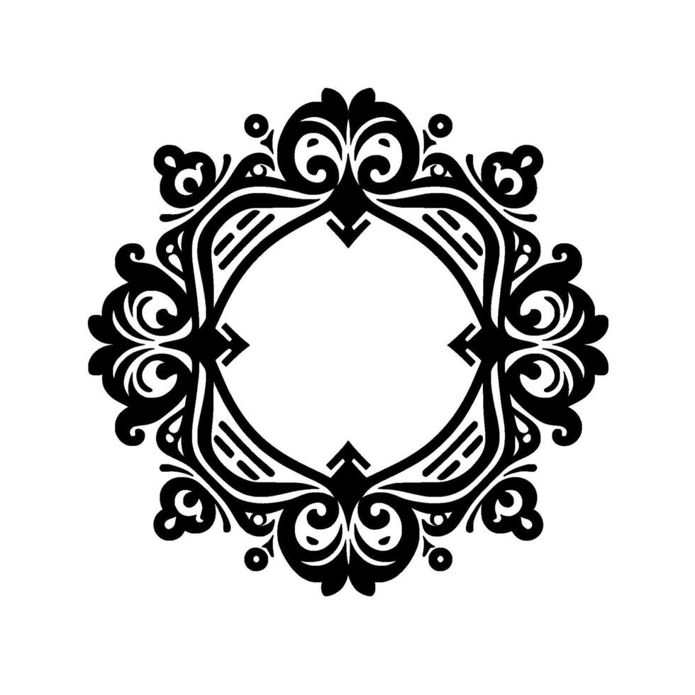 Ornate Black and White Circular Frame with Intricate Floral and Geometric Elements on a White Background, Symmetric vector